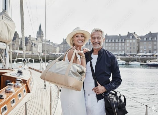 Couple de voyageurs souriants arrivant à Saint-Malo, posant sur un voilier avec leurs bagages, illustrant l’accueil premium et l’accompagnement personnalisé proposé aux locataires par notre conciergerie.