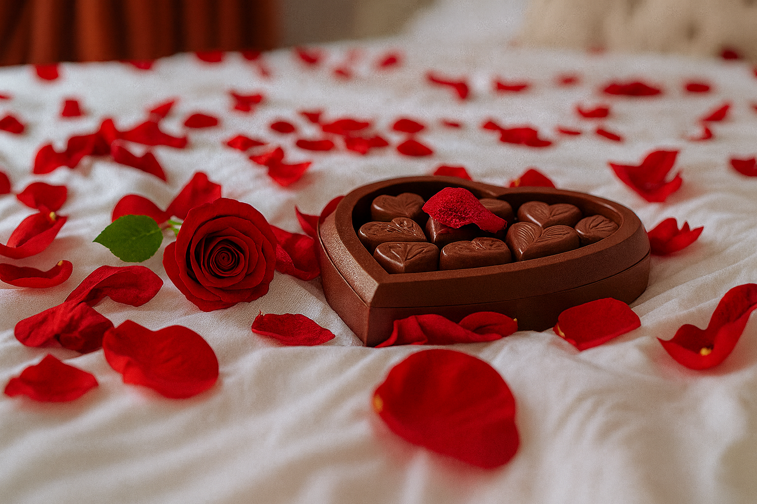 Coffret de chocolats en forme de cœur entouré de pétales de rose sur un lit, illustrant les attentions spéciales et services additionnels proposés aux locataires.