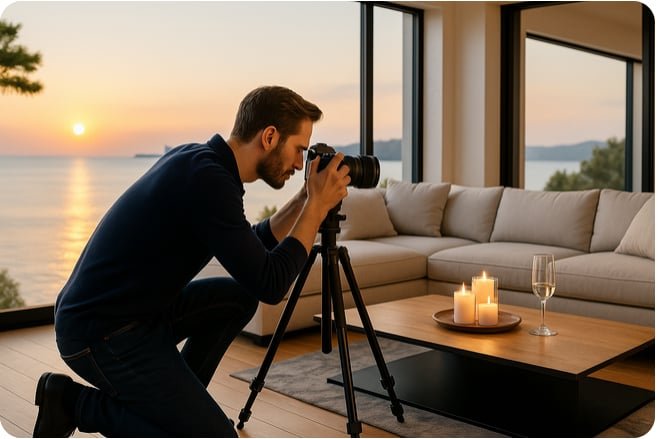 Photographe professionnel capturant un salon lumineux avec vue mer au coucher du soleil, dans le cadre des prestations de photos immobilières haut de gamme proposées par notre conciergerie.