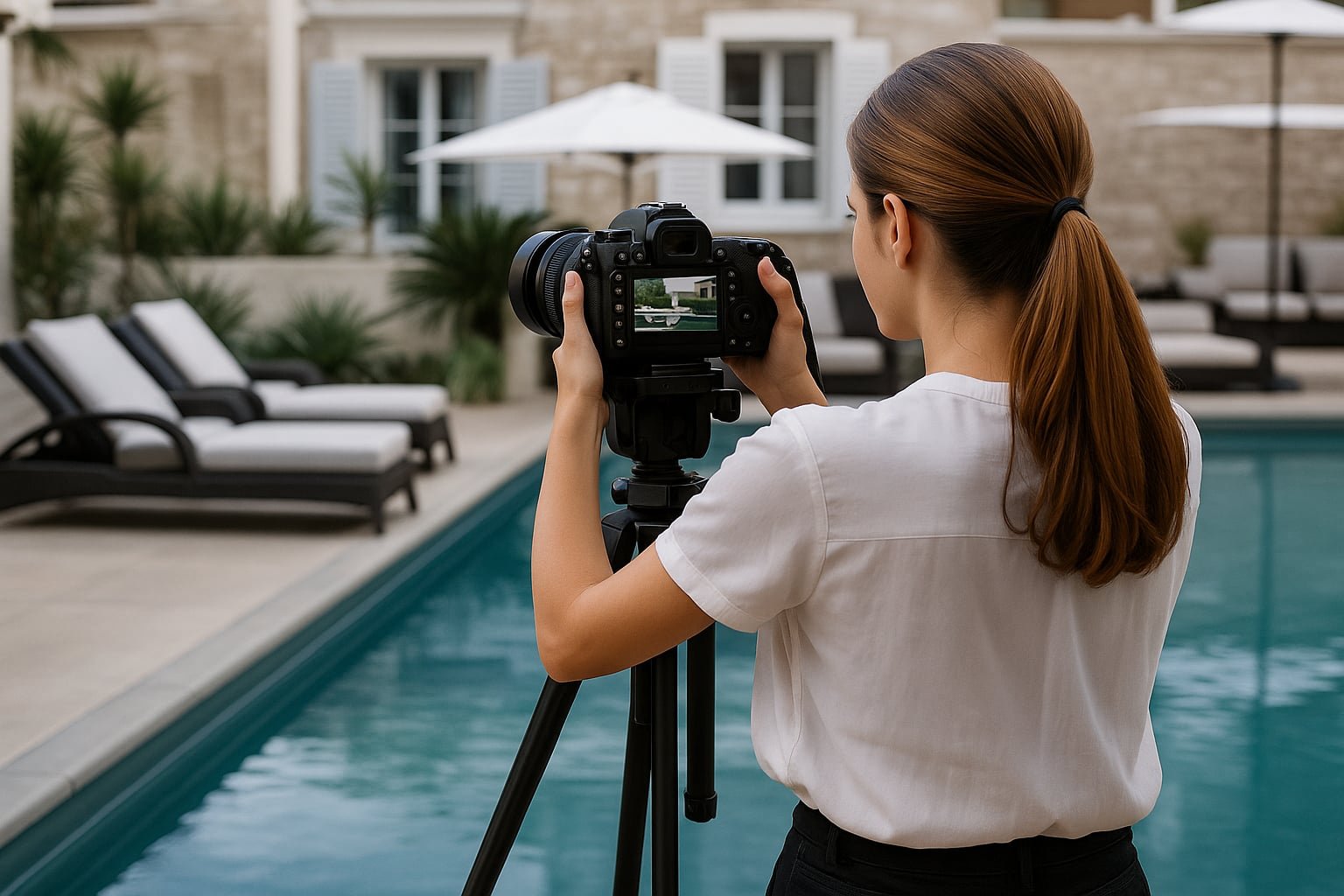 Photographe professionnelle réalisant un shooting de qualité autour d’une piscine haut de gamme, pour illustrer les services de photos immobilières proposés par notre conciergerie.