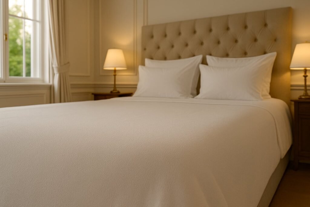 Lit haut de gamme impeccablement fait avec linge blanc parfaitement lissé, illustrant la qualité du service de nettoyage et de gestion du linge assuré par notre conciergerie professionnelle.