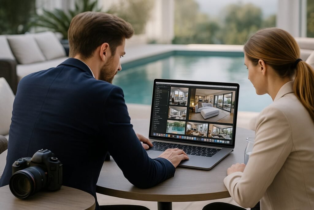 Deux photographes professionnels travaillant sur la sélection et la retouche de photos immobilières sur ordinateur, dans le cadre des services de photographies haut de gamme proposés par notre conciergerie.