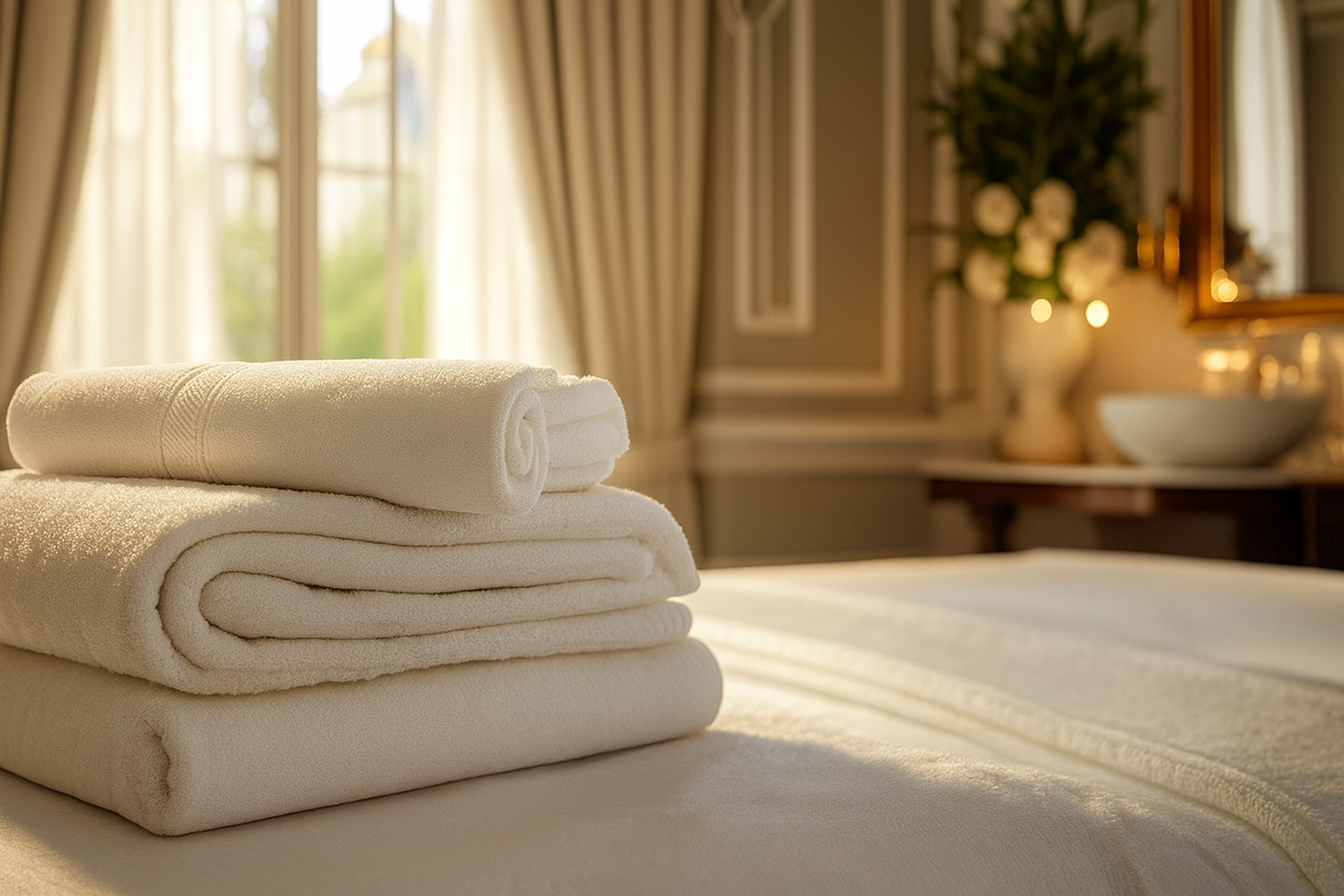 Linge de maison impeccablement plié et posé sur un lit préparé, illustrant la qualité du service de nettoyage et de gestion du linge proposé par notre conciergerie à Saint-Malo.