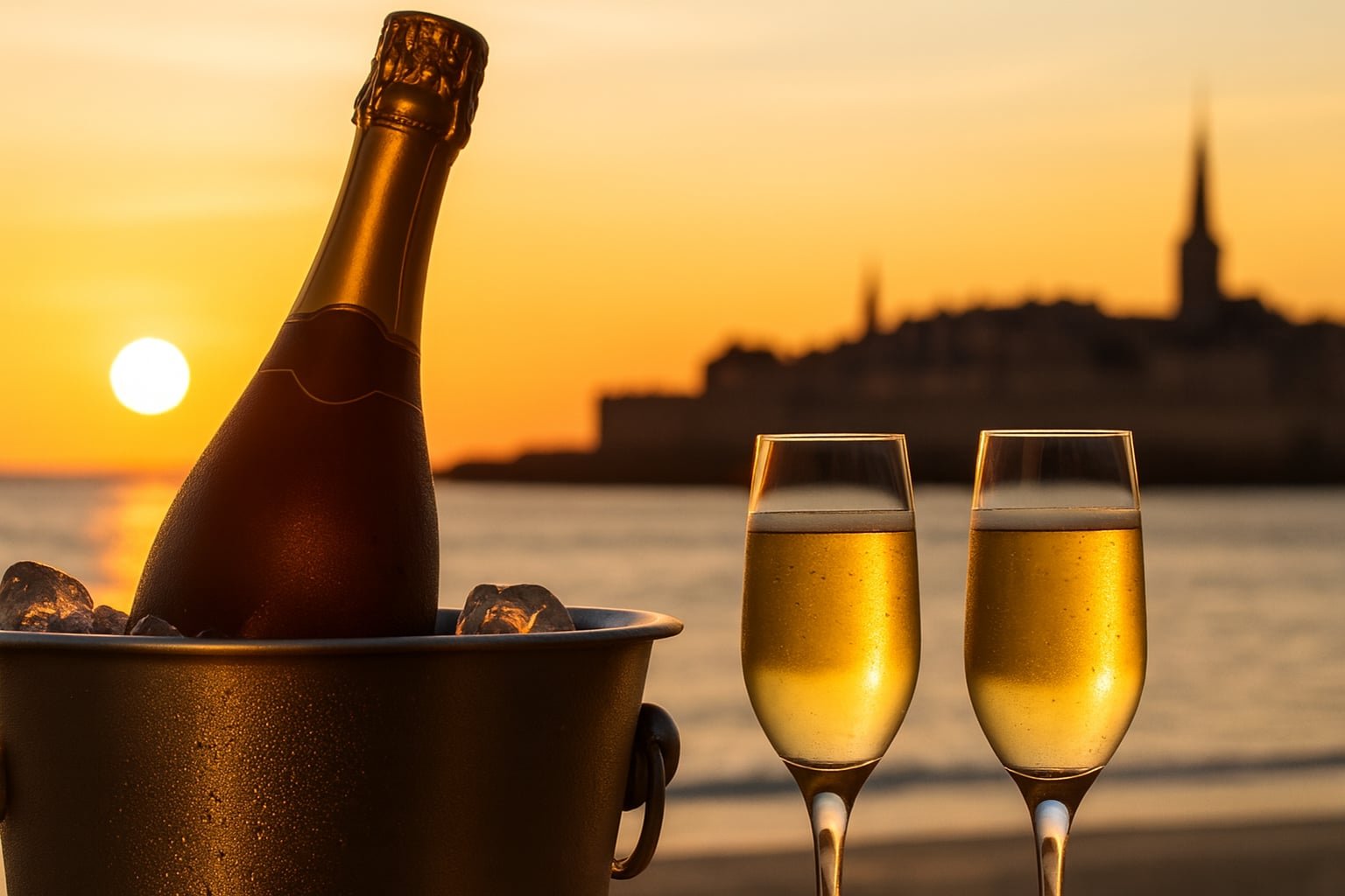 Bouteille de champagne dans un seau à glace avec deux coupes face au coucher de soleil sur Saint-Malo.