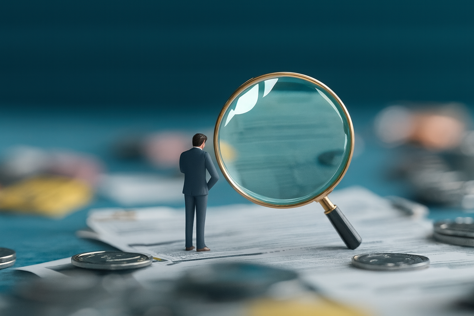 miniature d'homme d'affaires avec une loupe sur des documents et des pièces, illustrant l'analyse de marché et la tarification dynamique de conciergerie