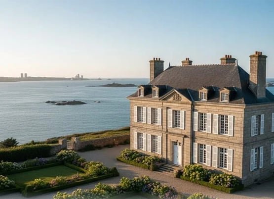 Vue d’une élégante malouinière en bord de mer à Saint-Malo, illustrant la qualité de la gestion et de la mise en valeur des biens confiés à notre conciergerie.