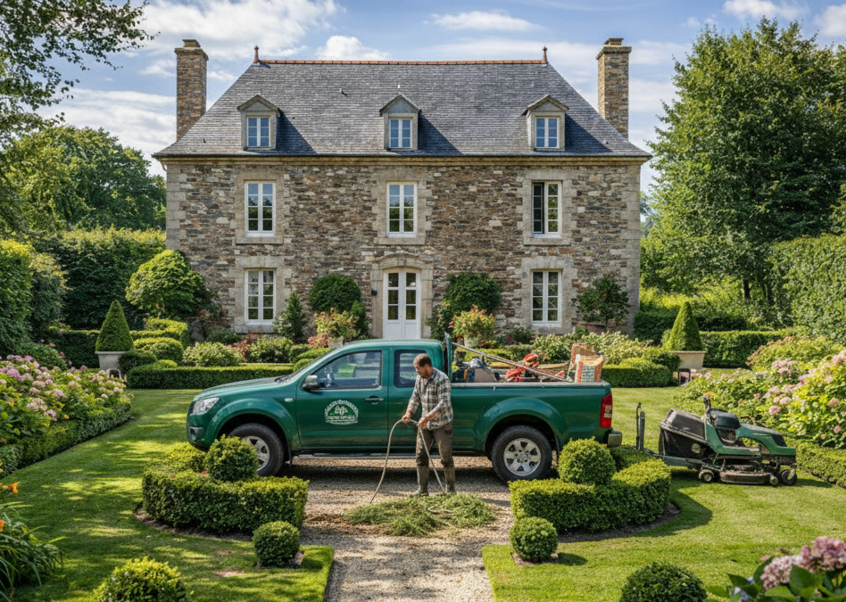Paysagiste Professionnel Entretien Jardin Français Luxueux Manoir Camion Services Pelouse