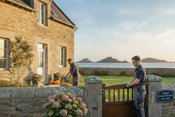 Photo d'une maison en pierre bretonne face à la mer, avec deux jardiniers travaillant dans le jardin orné pour hivernage, sous un ciel bleu d'automne.
