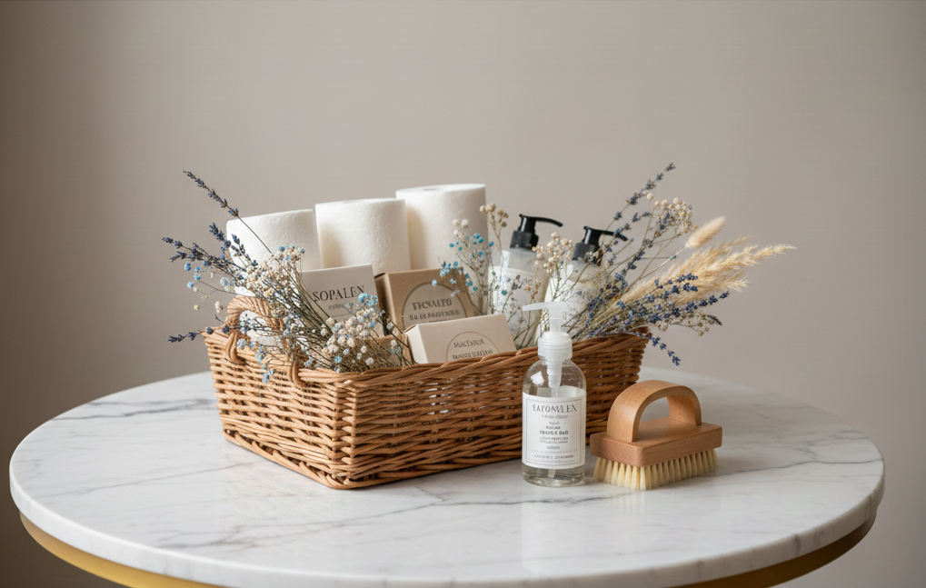Panier en osier avec anse rempli de produits de première nécessité en vrac (savon, shampoing, sopalin, produit vaisselle), entouré de fleurs séchées dans les tons bleus et beige, le tout posé sur une table en marbre blanc sans arrière-plan visible de meubles.
