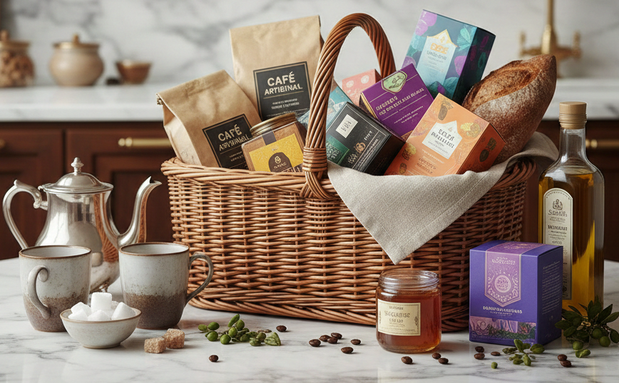 Panier garni élégant posé sur un comptoir en marbre blanc dans une cuisine luxueuse, contenant du café artisanal, des boîtes de thé haut de gamme, une miche de pain, un pot de miel et une bouteille d'huile d'olive, avec une théière en argent et des tasses à côté.