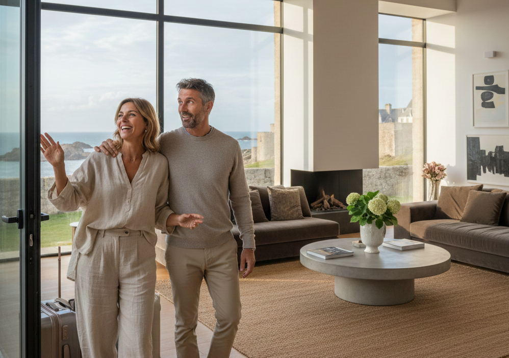 Couple heureux découvrant le salon de leur location Airbnb haut de gamme à Saint-Malo avec vue mer