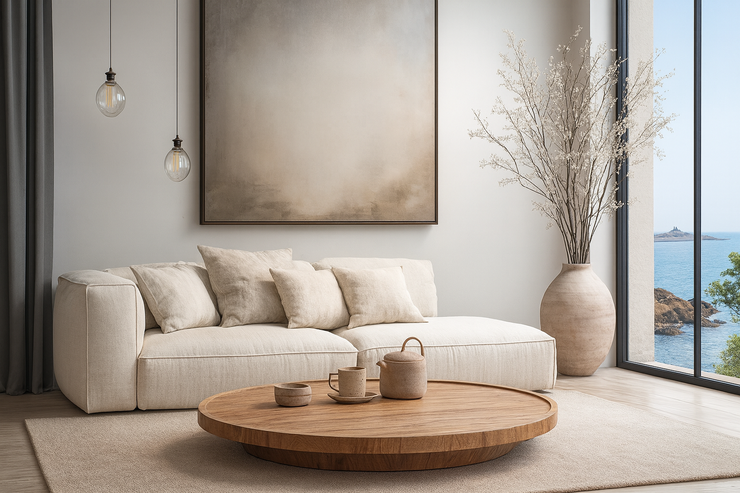 Salon moderne et minimaliste avec canapé beige, table basse en bois et vue sur l'océan, dans un style scandinave aux teintes neutres
