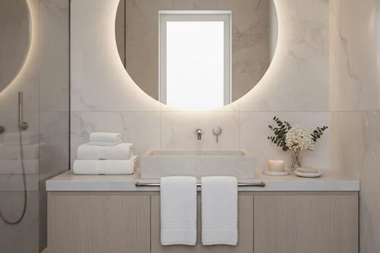 Salle de bain haut de gamme impeccablement préparée, avec linge blanc soigneusement plié et serviettes disposées autour d’un grand miroir lumineux, illustrant la qualité du service de nettoyage et de gestion du linge proposé par notre conciergerie.