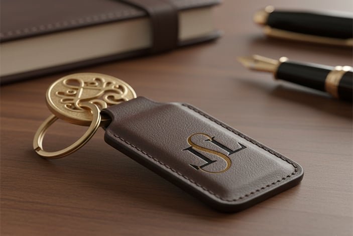 Porte-clés en cuir marron de luxe avec le logo SL en métal doré, représentant l'élégance et les valeurs de notre marque sur la page à propos.